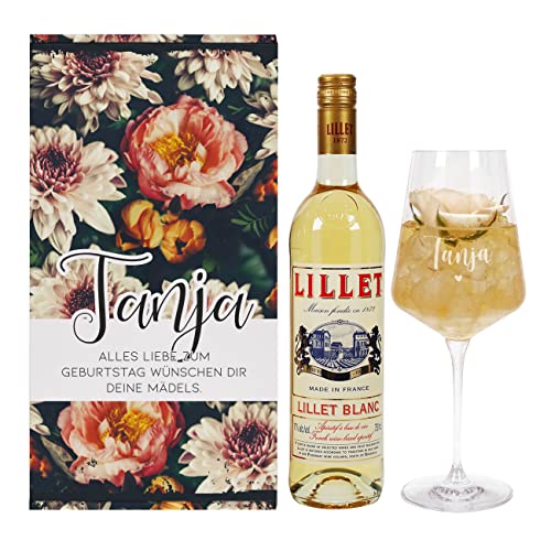 Herz & Heim® Geschenkset mit Vintage Blumenmotiv, graviertem Weinglas und einem alkoholischen Getränk, personalisiert (Lillet Blanc) von Herz & Heim