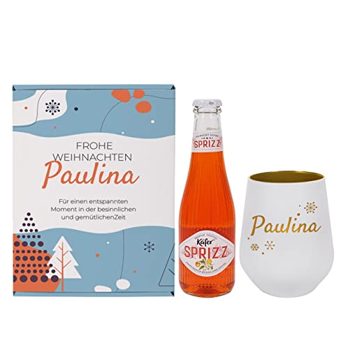 Herz & Heim® Geschenkset mit stilisiertem Weihnachtsmotiv und graviertem Trinkglas, bedruckter Geschenkbox und 0.2l Käfer Sprizz Flasche/mit Wunschname & -text von Herz & Heim