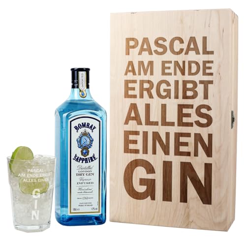 Herz & Heim® Gin Geschenkset - Am Ende ergibt alles einen Gin - mit 1 l Bombay Sapphire und graviertem Glas in Holzverpackung mit Wunschnamen von Herz & Heim