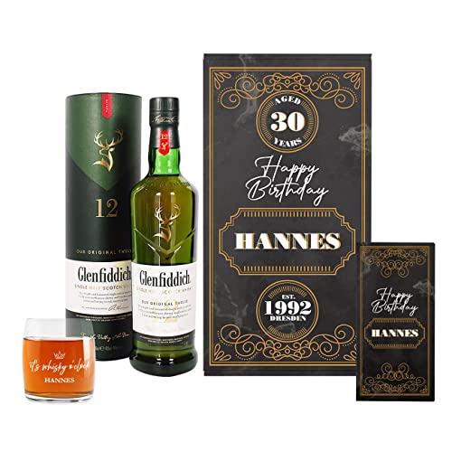 Herz & Heim® Glenfiddich 0,7l Whisky Geschenk Set zum Geburtstag/inkl. Schokolade, Whiskyglas und Geschenkbox/personalisiert von Herz & Heim