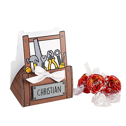 Herz & Heim® Handwerker-Geschenk gebastelter Werkzeugkasten mit 3 Lindt Lindor Kugeln mit Wunschnamen personalisiert von Herz & Heim