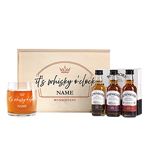 Herz & Heim® It's whisky o'clock - Whisky Geschenkset mit Glas und 3 Fläschchen Bowmore (50 ml) von Herz & Heim