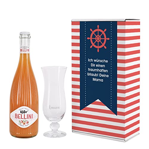 Herz & Heim® Käfer Bellini Geschenkset im maritimen Design mit graviertem Cocktailglas von Herz & Heim