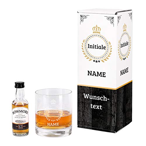 Herz & Heim® Kleines Bowmore Whisky Geschenk Set mit gratis Gravur eines Whiskyglases in Geschenkverpackung von Herz & Heim