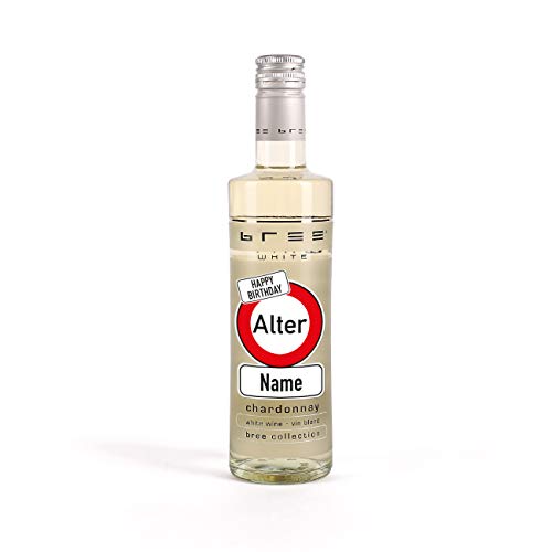 Herz & Heim® Kleines Weingeschenk zum Geburtstag mit persönlichem Aufdruck im Verkehrszeichen Etikett - kleiner Bree Wein (1 x 0.25 l) Weiß von Herz & Heim