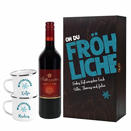 Herz & Heim® Rotkäppchen Glühwein 0,75l in festlicher Verpackung -Oh du Fröhliche- und 2 Emaille Tassen, personalisiert von Herz & Heim