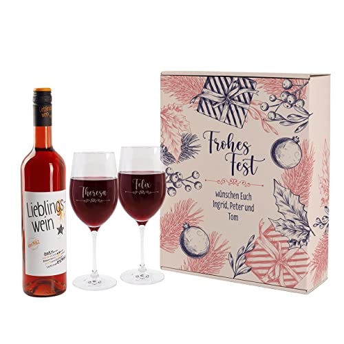 Lieblingswein Cuvee (0,75l) halbtrocken Geschenkset -Frohes Fest-, 4-teilig (Rot) von Herz & Heim