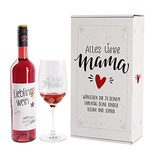 Herz & Heim® Lieblingswein Cuvee (0.75l) halbtrocken Geschenkset mit Weinglas"Alles liebe Mama" mit Wunschtext (Rosé) von Herz & Heim