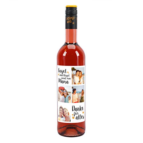 Herz & Heim® Lieblingswein Cuvee Halbtrocken (0.75 l) mit personalisiertem Foto-Etikett -Engel ohne Flügel nennt man Mama- Roséwein von Herz & Heim