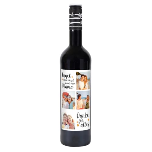 Herz & Heim® Lieblingswein Cuvee Halbtrocken (0.75 l) mit personalisiertem Foto-Etikett -Engel ohne Flügel nennt man Mama- Rotwein von Herz & Heim