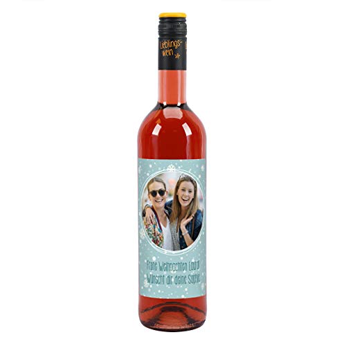 Herz & Heim® Lieblingswein Cuvee Halbtrocken (0.75 l) mit personalisiertem Foto-Etikett -Weihnachten Blau- Roséwein von Herz & Heim