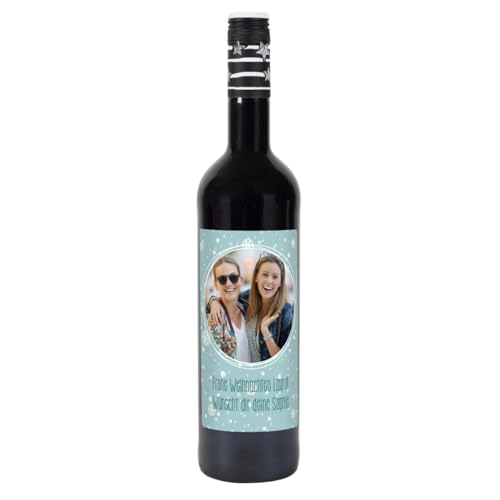 Herz & Heim® Lieblingswein Cuvee Halbtrocken (0.75 l) mit personalisiertem Foto-Etikett -Weihnachten Blau- Rotwein von Herz & Heim