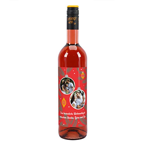Herz & Heim® Lieblingswein Cuvee Halbtrocken (0.75 l) mit personalisiertem Foto-Etikett -Weihnachtskugeln Rot- Roséwein von Herz & Heim