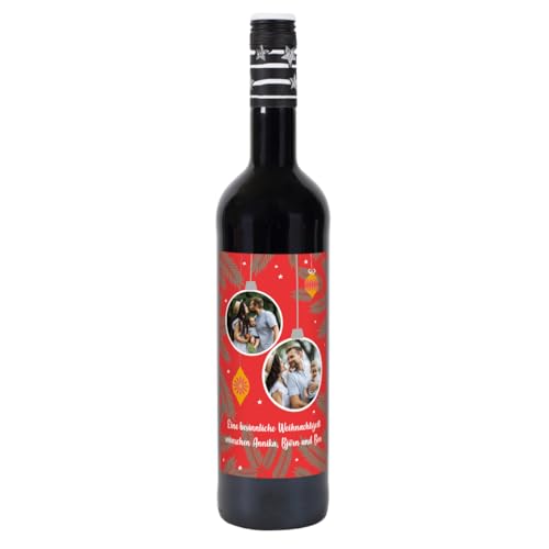Herz & Heim® Lieblingswein Cuvee Halbtrocken (0.75 l) mit personalisiertem Foto-Etikett -Weihnachtskugeln Rot- Rotwein von Herz & Heim