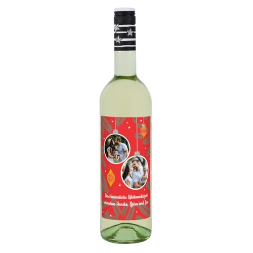 Herz & Heim® Lieblingswein Cuvee Halbtrocken (0.75 l) mit personalisiertem Foto-Etikett -Weihnachtskugeln Rot- Weißwein von Herz & Heim