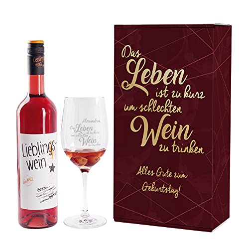 Lieblingswein Geschenkset mit graviertem Leonardo Weinglas in einer grandiosen Geschenkverpackung (Rot) von Herz & Heim