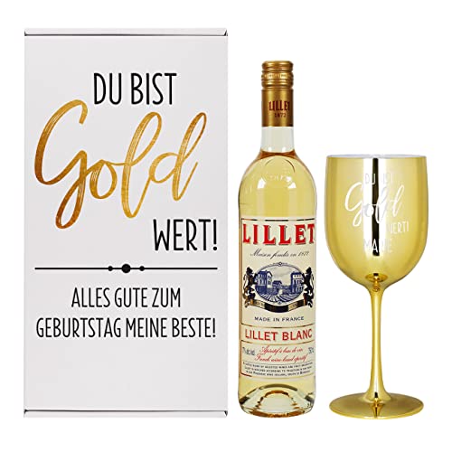 Herz & Heim® Lillet Geschenkset - Du bist Gold wert - inkl. Geschenkbox, Weinkelch mit Gravur und 1 Flasche Lillet Blanc von Herz & Heim