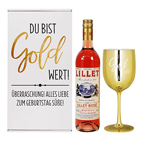 Herz & Heim® Lillet Geschenkset - Du bist Gold wert - inkl. Geschenkbox, Weinkelch mit Gravur und 1 Flasche Lillet Rosé von Herz & Heim