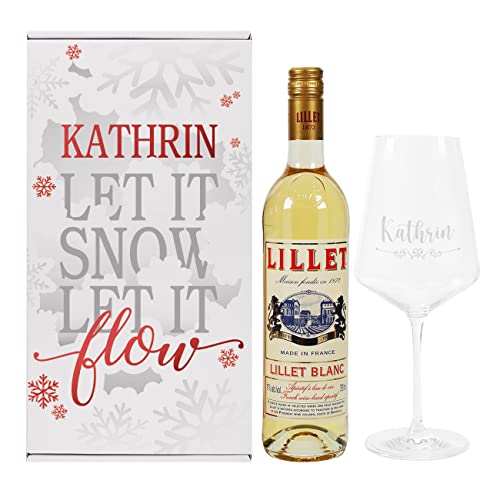 Herz & Heim® Lillet Geschenkset "Let it snow, let it flow" mit graviertem Weinglas, Geschenkbox und 1 Flasche Lillet blanc oder rosé/Geschenkidee Blanc von Herz & Heim