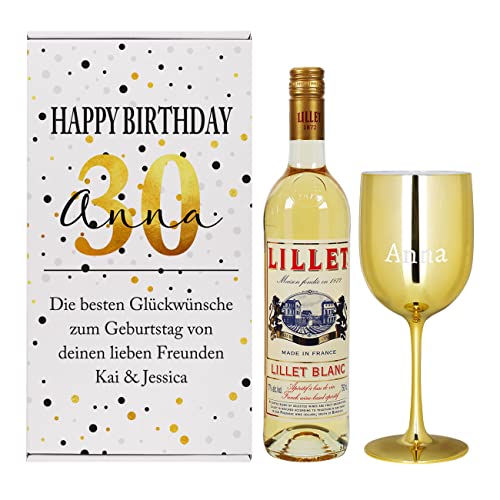 Herz & Heim® Lillet Geschenkset zum Geburtstag/mit Geschenkbox, Weinkelch und 1 Flasche Lillet/mit Wunschname, Alter und Wunschtext Blanc von Herz & Heim