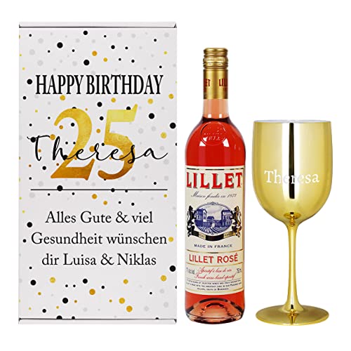 Herz & Heim® Lillet Geschenkset zum Geburtstag/mit Geschenkbox, Weinkelch und 1 Flasche Lillet/mit Wunschname, Alter und Wunschtext Rosé von Herz & Heim