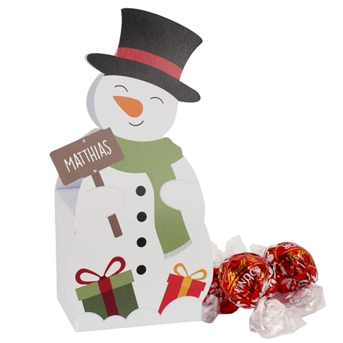 Herz & Heim® Lindt Lindor Kugeln 3 Stück in Schneemann-Verpackung - handgefertigt in Thüringen - als Wichtelgeschenk oder zum Nikolaus mit Wunschnamen personalisiert von Herz & Heim