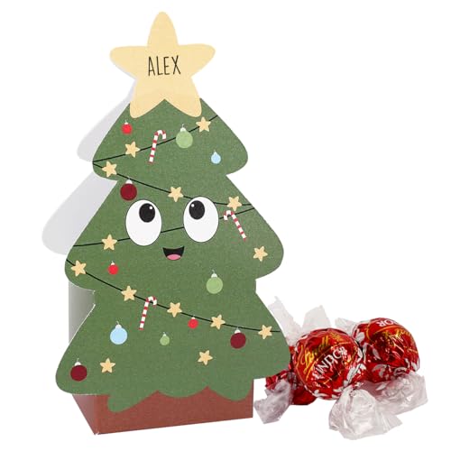 Herz & Heim® Lindt Lindor Kugeln 3 Stück in Weihnachtsbaum-Verpackung als Wichtelgeschenk oder zum Nikolaus mit Wunschnamen personalisiert von Herz & Heim