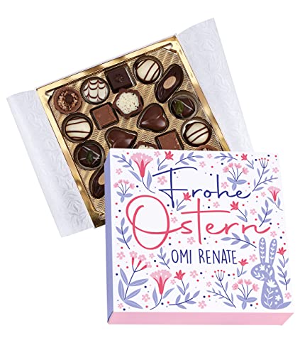 Herz & Heim® Lindt Pralinen (100g) als Geschenk zu Ostern, farbenfrohes Motiv mit gezeichneten Blumen, mit Wunschname bedruckt von Herz & Heim