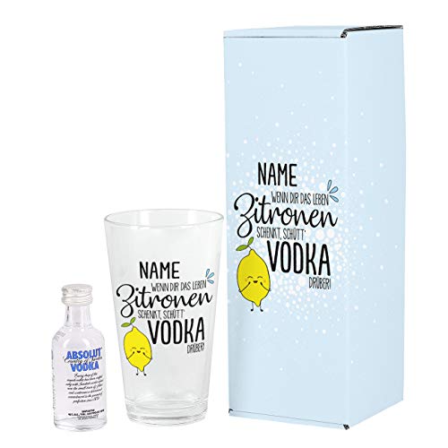 Herz & Heim® Miniatur Absolut Vodka Geschenk-Set - Wenn Dir das Leben Zitronen schenkt, schütt Vodka drüber - mit Mini Vodka und bedrucktem Longdrinkglas von Herz & Heim