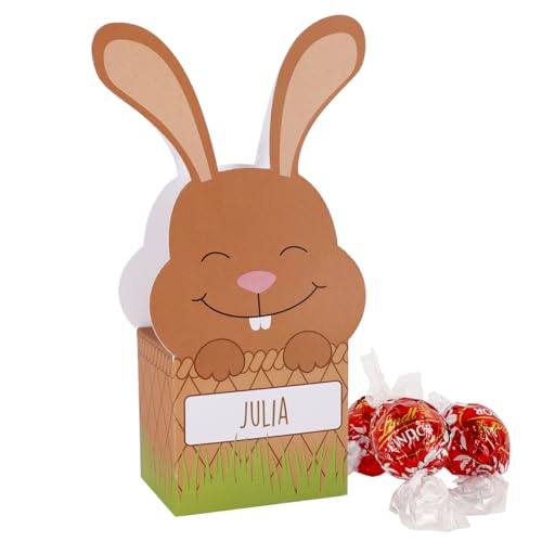 Herz & Heim® Osterhase mit 3 Lindt Lindor Kugeln gefüllt als Ostergeschenk mit Wunschnamen personalisiert von Herz & Heim