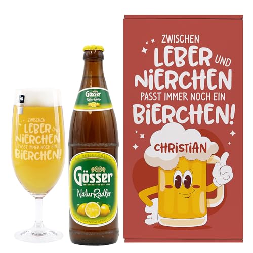 Herz & Heim® Personalisierbares Bier-Geschenkset für Männer mit Bierglas, Geschenkbox & Bier – Leikeim, Gösser oder Bitburger alkoholfrei (Geschenkbox 35,5×10,5×19 cm (B/H/T), Gösser Natur Radler) von Herz & Heim