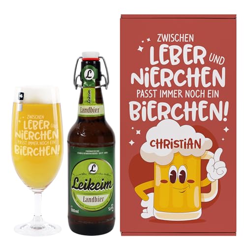 Herz & Heim® Personalisierbares Bier-Geschenkset für Männer mit Bierglas, Geschenkbox & Bier – Leikeim, Gösser oder Bitburger alkoholfrei (Geschenkbox 35,5×10,5×19 cm (B/H/T), Leikeim Landbier) von Herz & Heim