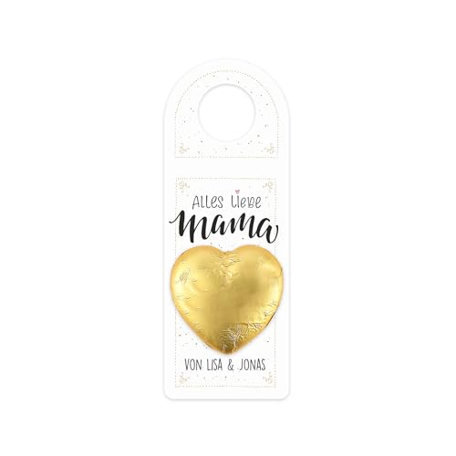 Herz & Heim® Personalisierter Flaschenanhänger mit Schokoladenherz zum Muttertag – Geschenkidee für Mama – Anhänger für Weingeschenke und andere Flaschen in 2 Größen (Klein) von Herz & Heim