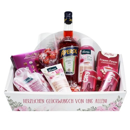 Herz & Heim® Präsentkorb für Frauen mit Süßem, 0,7l Aperol, Glas, Secco und Verwöhnprodukten (Weinglas ohne Gravur) von Herz & Heim