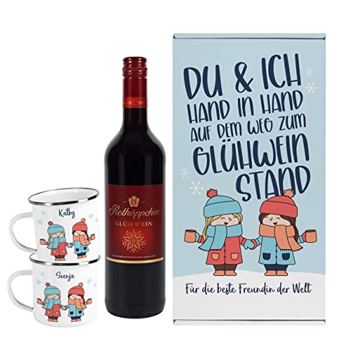 Herz & Heim® Rotkäppchen Glühwein 0,75l Geschenkset mit 2 Emaillebechern | Freundinnen-Geschenk zu Weihnachten von Herz & Heim