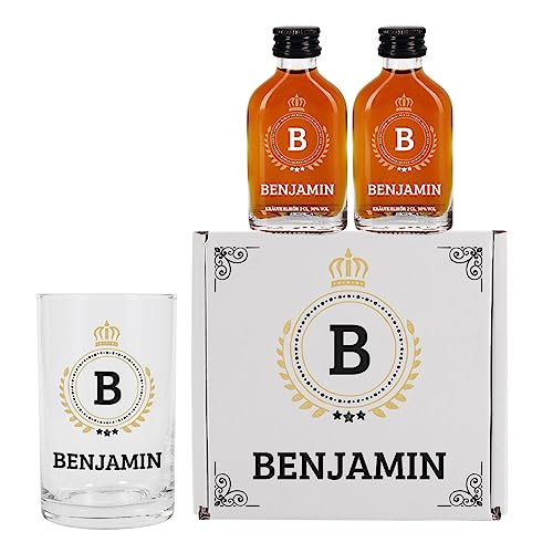 Herz & Heim® Schnapps-Geschenk Set für Männer mit Monogramm und Wunschname/mit 2 Fläschchen Kräuterlikör, Schnappsglas und Geschenkbox von Herz & Heim