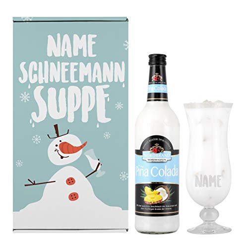 Herz & Heim® Schneemann Suppe Cocktail Geschenkset mit Pina Colada und graviertem Cocktailglas in Geschenkverpackung von Herz & Heim