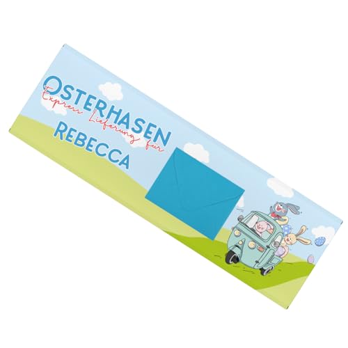 Herz & Heim® Schokoladentafel zu Ostern -Osterhasen Express- mit Umschlag für Geldgeschenke, personalisiert, 300g von Herz & Heim