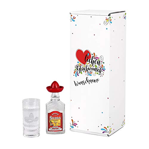 Herz & Heim® Tequila Geschenk Set zum Geburtstag mit graviertem Schnapsglas und Mini Sierra Tequila Silver in Geschenkverpackung von Herz & Heim