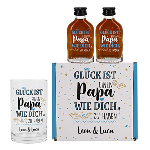 Herz & Heim® Vatertags-Geschenk Set für Papas mit Kompliment/inkl. 2 Fläschchen Kräuterlikör, Schnappsglas und Geschenkbox von Herz & Heim