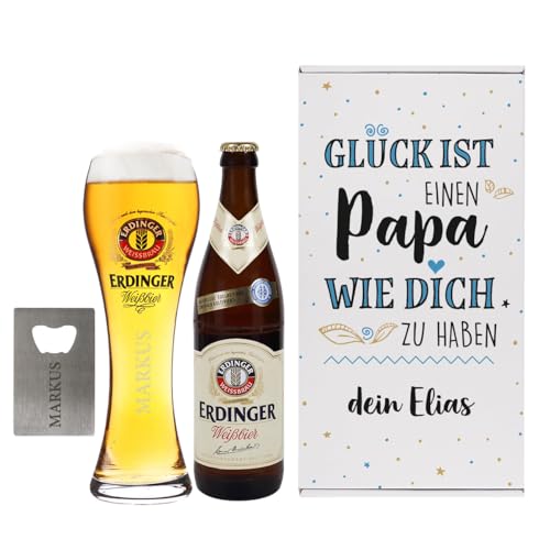 Herz & Heim® Vatertagsgeschenkset mit Bierflasche, Weizenglas, Flaschenöffner und Geschenkverpackung, personalisiert von Herz & Heim