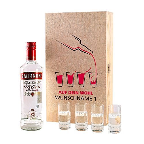 Herz & Heim® Vodka Geschenkset - Auf dein Wohl - mit Flasche 0,7l und 4 Gläsern in bedruckter Geschenkverpackung mit Ihren Wunschnamen von Herz & Heim