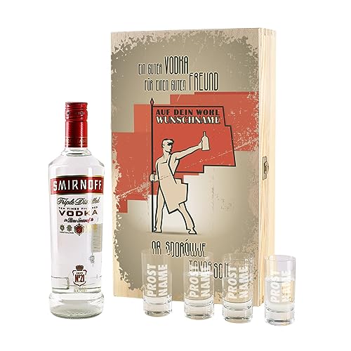 Herz & Heim® Vodka Geschenkset - Na sdorowje - mit Flasche 0,7l und 4 Gläsern in bedruckter Geschenkverpackung mit Ihrem Wunschnamen von Herz & Heim