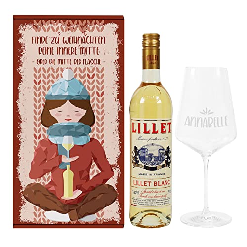Herz & Heim® Weihnachliches Lillet Geschenkset inkl. Geschenkbox, Weinglas mit Gravur und 1 Flasche Lillet Blanc von Herz & Heim