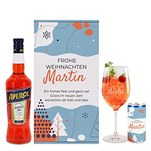 Herz & Heim® Weihnachtliches Geschenkset | mit 0,7l Aperol, gravierten Glas, Secco-Dose und Geschenkbox | mit Wunschtext & -name von Herz & Heim