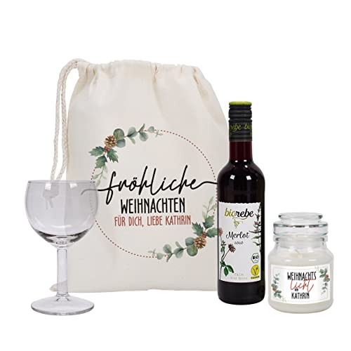 Herz & Heim® Weihnachts-Geschenkset bestehend aus 0.25l Biorebe Wein, Glas, Duftkerze und personalisierten Geschenksack Rot von Herz & Heim