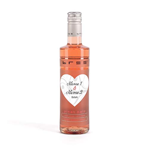 Herz & Heim® Wein Gastgeschenk zur Hochzeit mit Aufdruck der Namen auf kleinem Herz Etikett - kleiner Bree Wein (1 x 0.25 l) Rosé von Herz & Heim