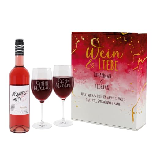 Herz & Heim® Wein Geschenkset - Wein & Liebe - mit gravierten Weingläsern, Geschenkbox und Lieblingswein nach Wahl (Rosé) von Herz & Heim