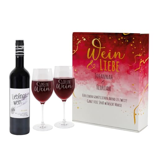 Herz & Heim® Wein Geschenkset - Wein & Liebe - mit gravierten Weingläsern, Geschenkbox und Lieblingswein nach Wahl (Rot) von Herz & Heim