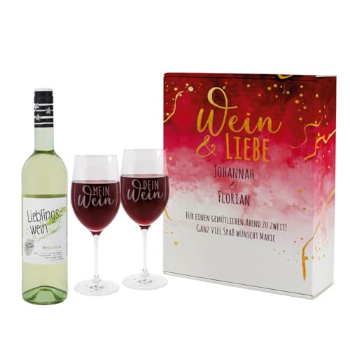 Herz & Heim® Wein Geschenkset - Wein & Liebe - mit gravierten Weingläsern, Geschenkbox und Lieblingswein nach Wahl (Weiß) von Herz & Heim